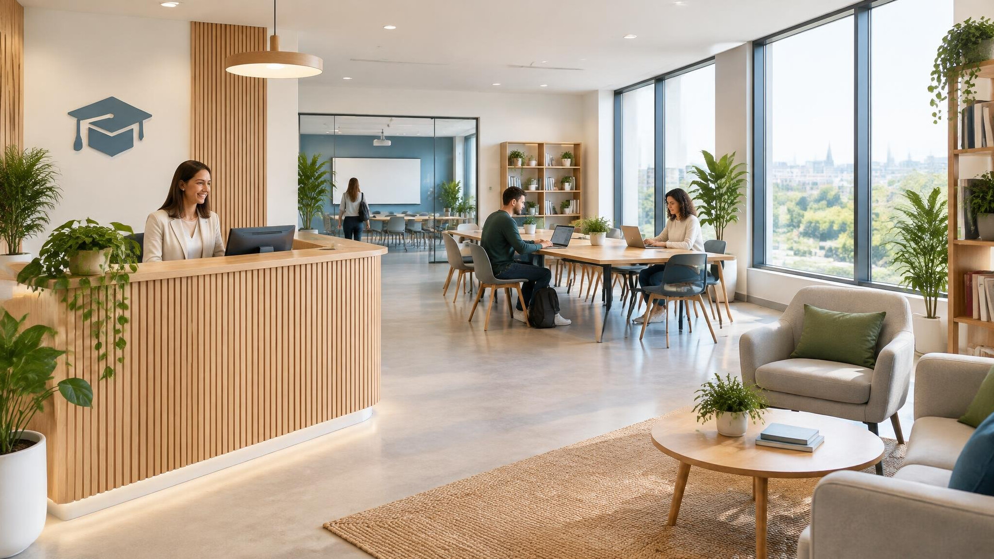 Bright modern office interior with desks and plants