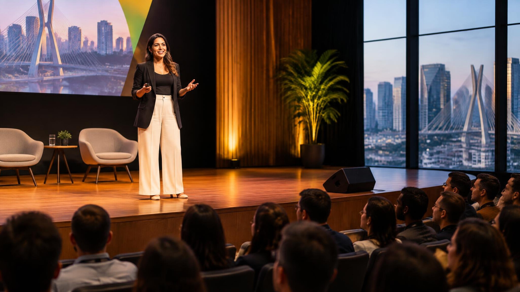 Speaker presenting on stage to an audience